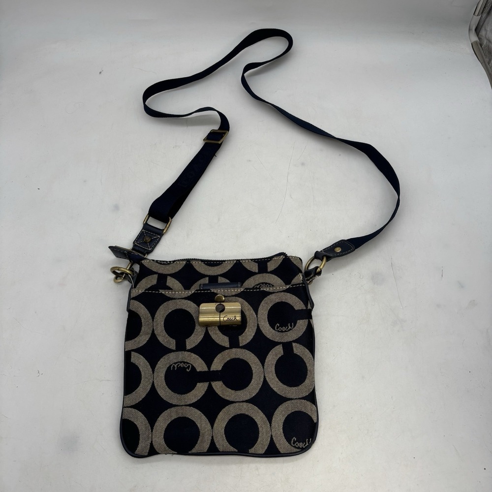Coach Signature C Black Crossbody Shoulder Bag Canvas Monogram Blue Gold